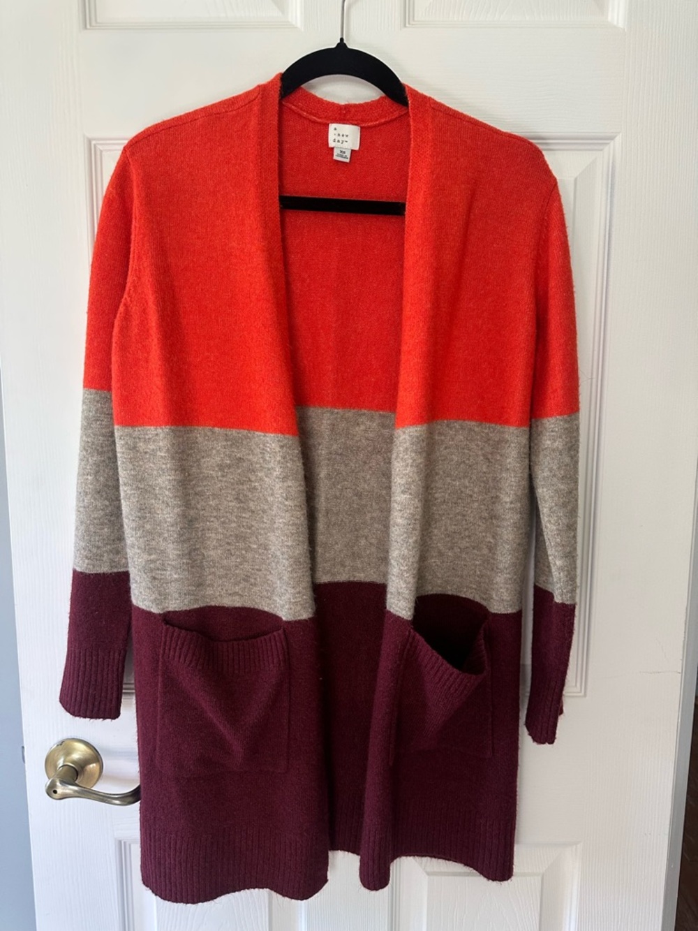 a new day Orange, Gray & Burgundy Colorblock Open Cardigan